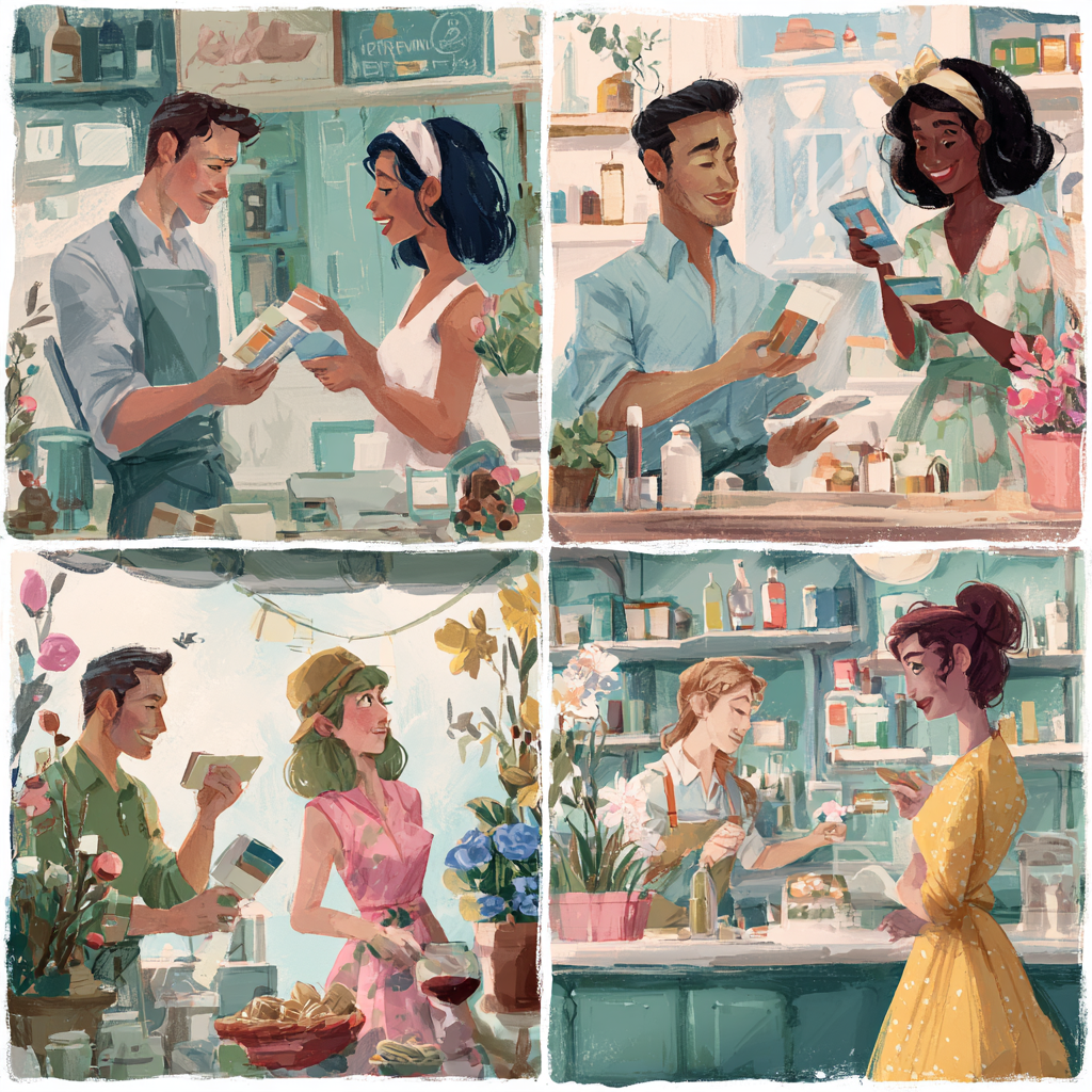 지역사랑상품권으로 결제하는 고객과 상인, 지역 소상공인의 활기찬 상점 모습