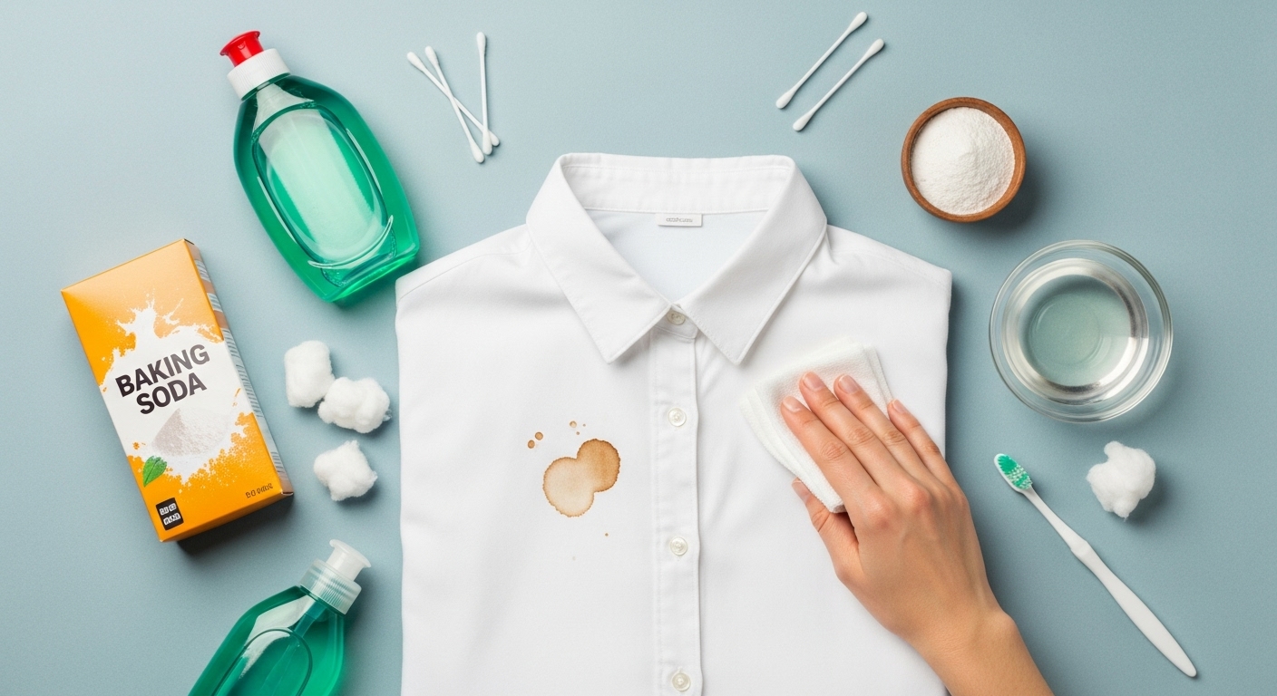 깨끗한 배경 위에 놓인 옷 얼룩 제거 도구들(주방세제, 베이킹소다, 식초, 칫솔 등)과 얼룩진 흰 셔츠를 닦는 모습.