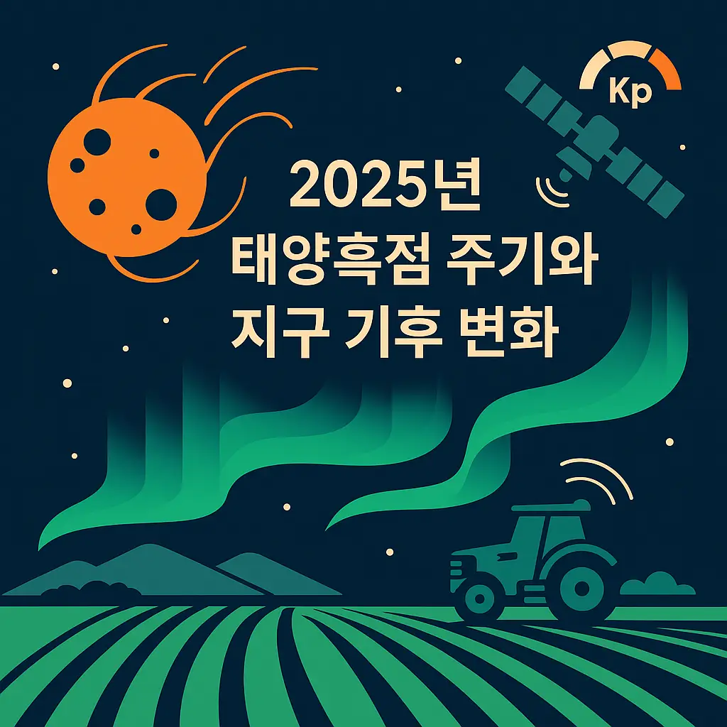 2025년 태양흑점 주기와 기후 변화를 상징하는 썸네일 — 태양 흑점·플레어, 오로라, 인공위성, GPS 신호를 받는 트랙터와 농경지가 한 화면에 구성된 평면 일러스트