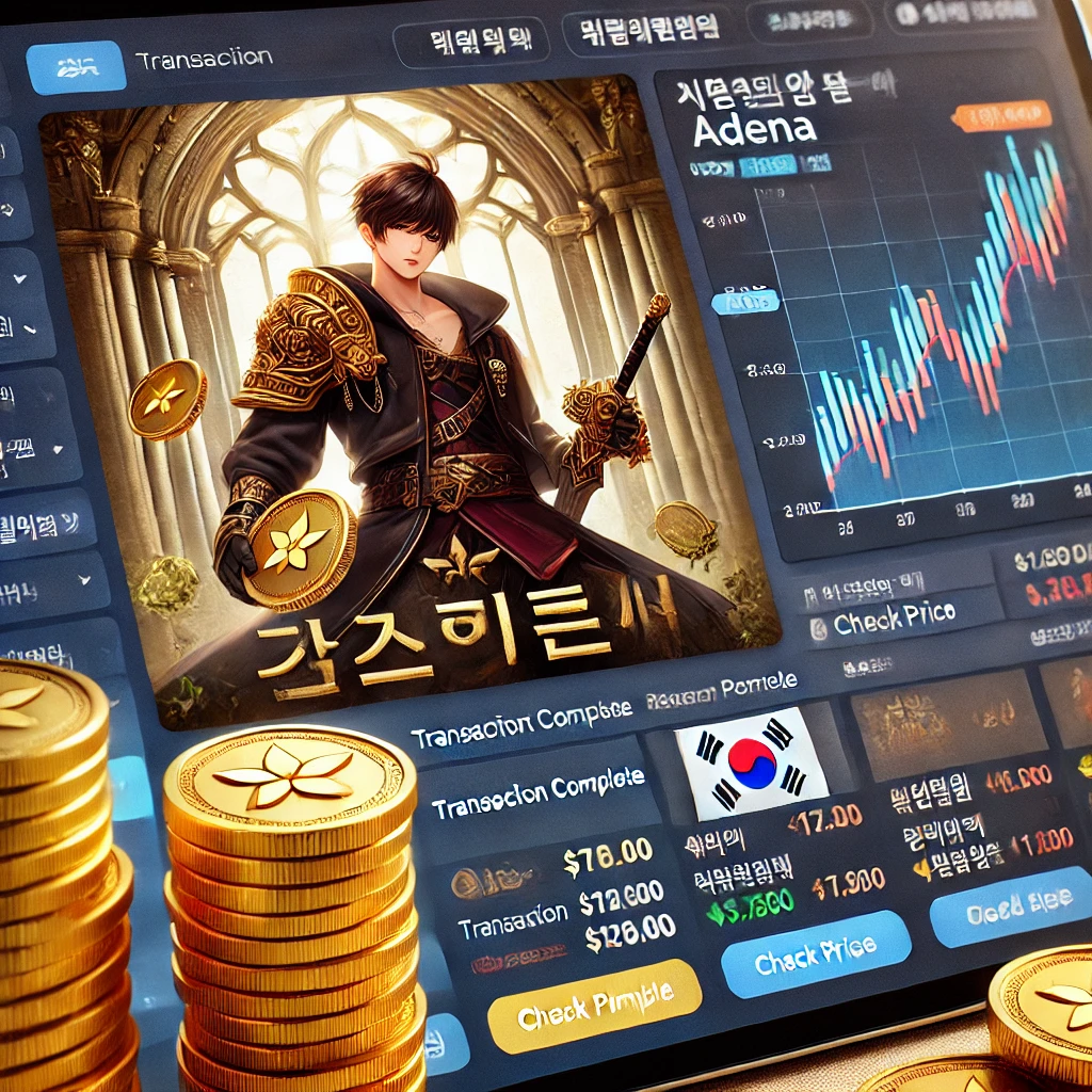 &quot;리니지W 스타일의 한국 MMORPG 게임 거래 인터페이스를 묘사한 디지털 일러스트. 화면에는 '아데나'라고 적힌 금화, 검을 든 판타지 캐릭터, 실시간 가격 변동 차트가 보이며, '거래 완료', '시세 확인'이라는 한국어 텍스트가 포함된 안전한 온라인 거래 플랫폼 UI가 표현되어 있습니다.&quot;