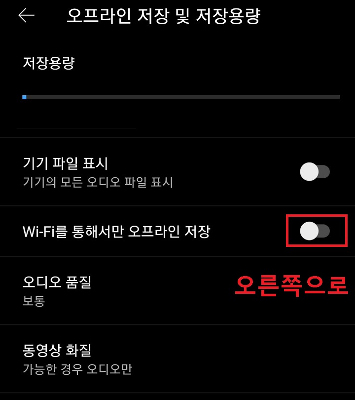 와이파이를 통해서만 오프라인 저장의 버튼 오른쪽으로 옮김