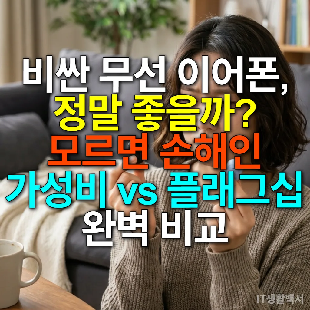 거실 소파에 앉아 두 가지 무선 이어폰을 비교하며 고민하는 젊은 한국 여성의 모습