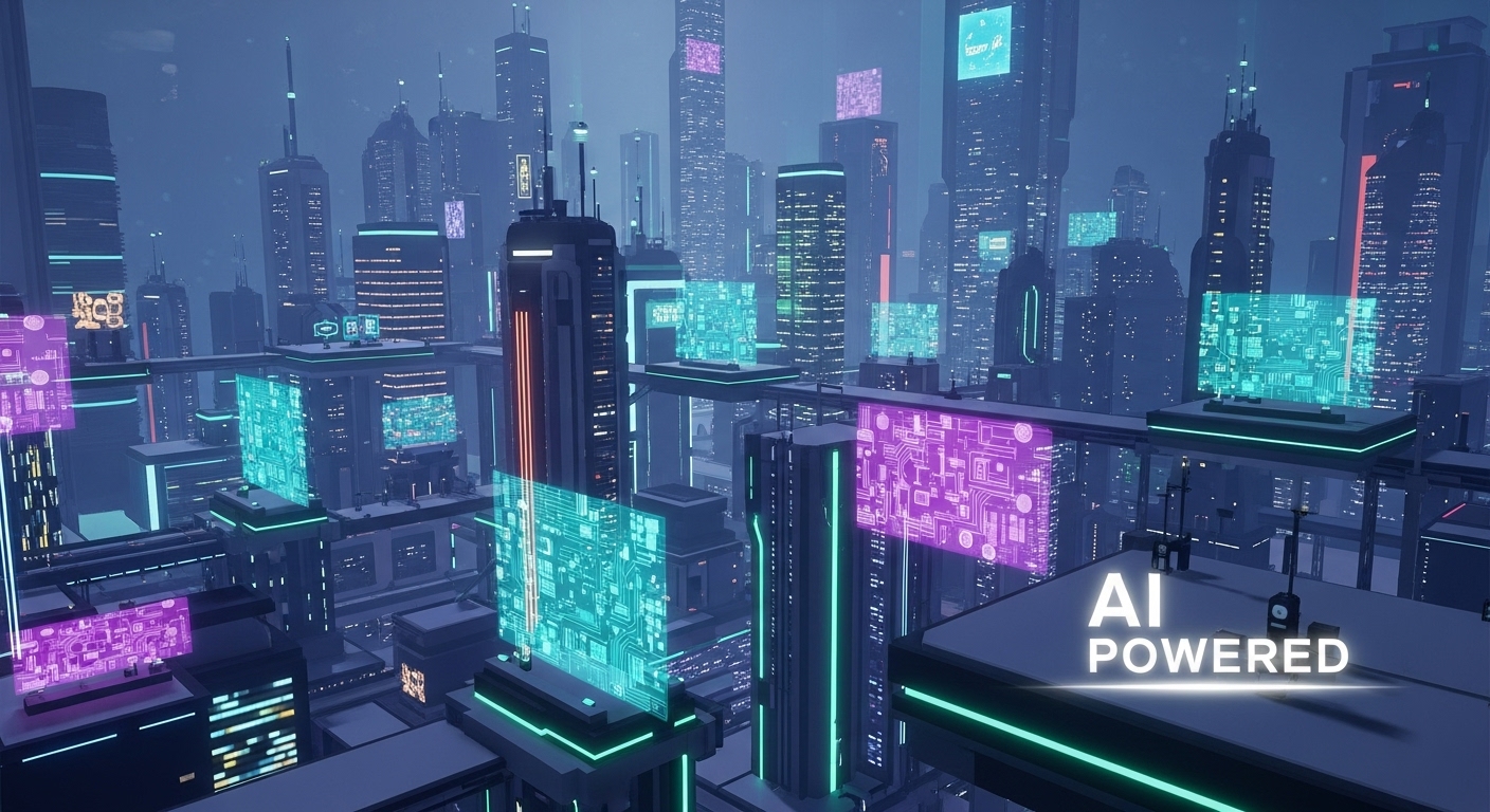 AI가 생성한 것으로 보이는 복잡한 로블록스 게임 환경과 그 위에 'AI Powered'라는 텍스트가 합성된 이미지