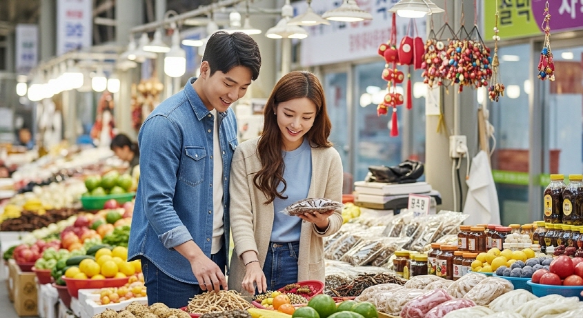 재래시장에서 장보는 젊은 부부