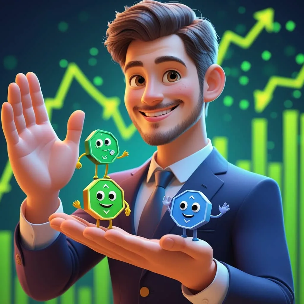 미국 스테이블코인 투자자가 의인화된 USDT 코인과 USDC 코인을 손 바닥 위에 올려 놓고 인사하고 있는 모습의 이미지.