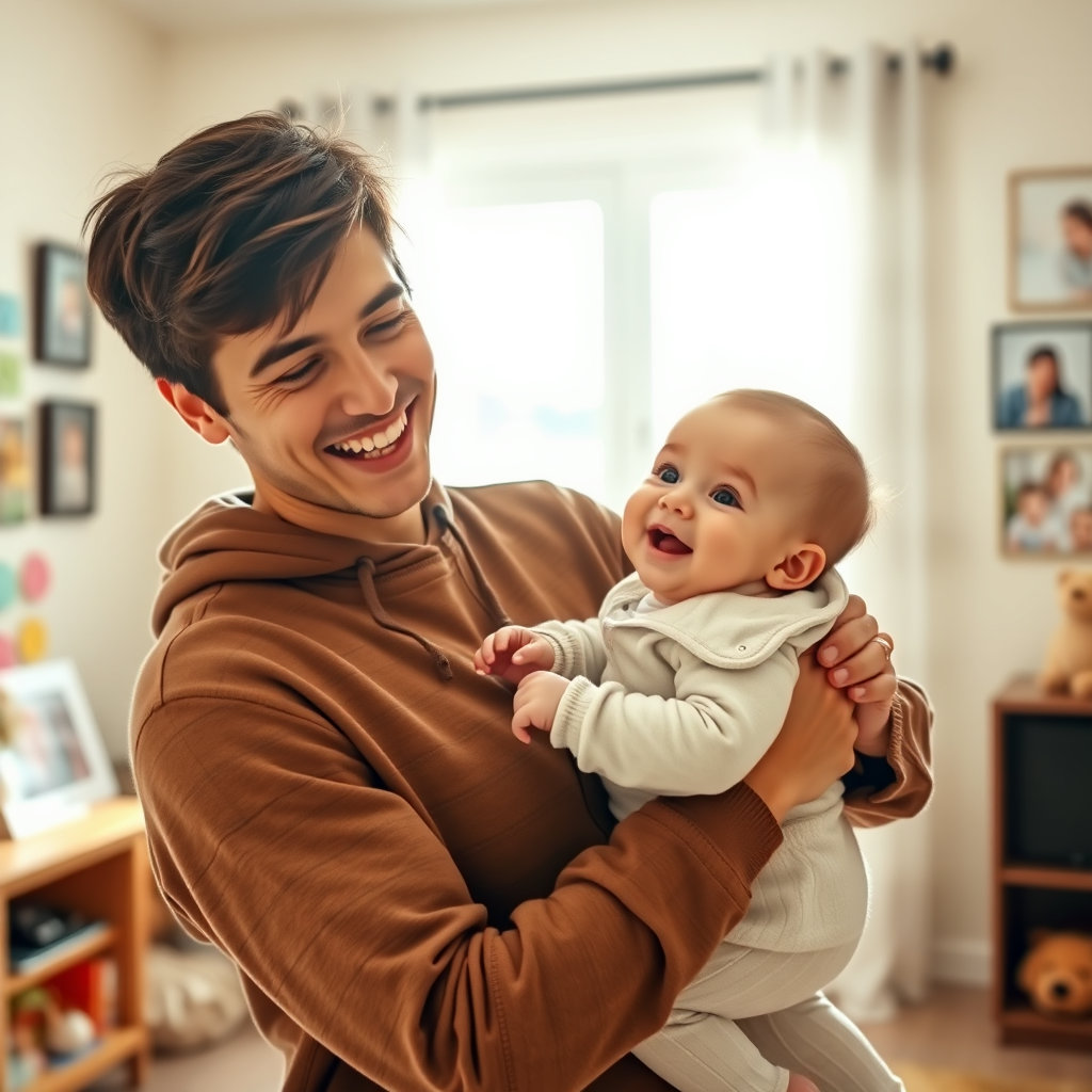 아빠가 아이를 두 손으로 안고 있으면서 환하게 웃는 모습입니다.