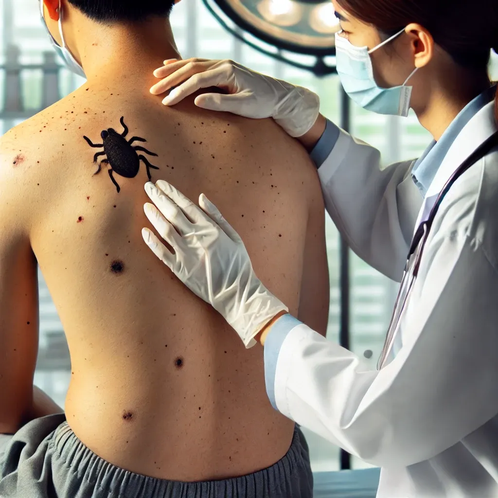 의사가 환자의 피부를 관찰하며 쯔쯔가무시 증상을 평가하는 모습