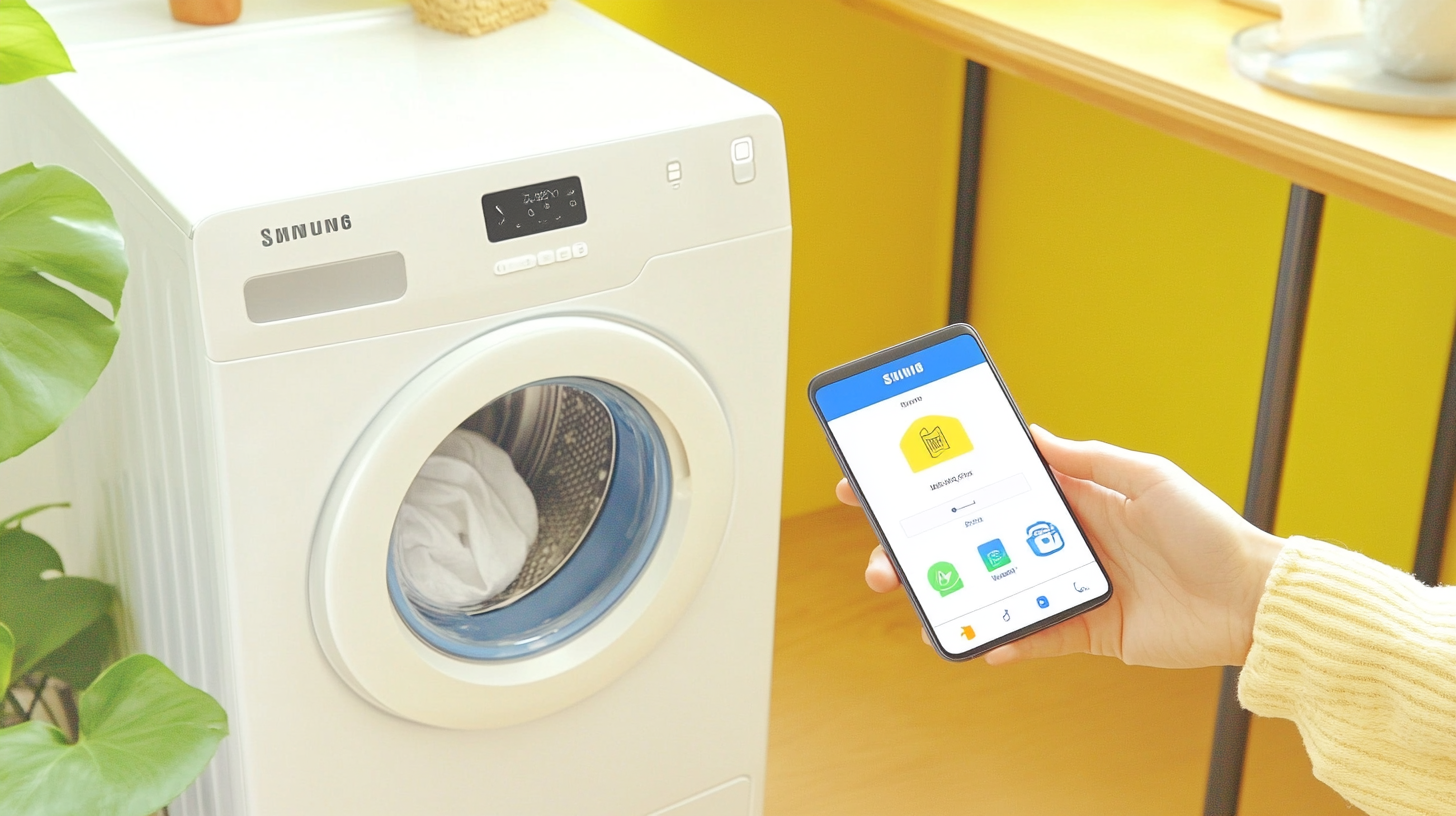 사용자가 스마트폰의 스마트싱스 앱을 통해 삼성 세탁기를 원격으로 제어하고 있는 현대적인 풍경입니다.