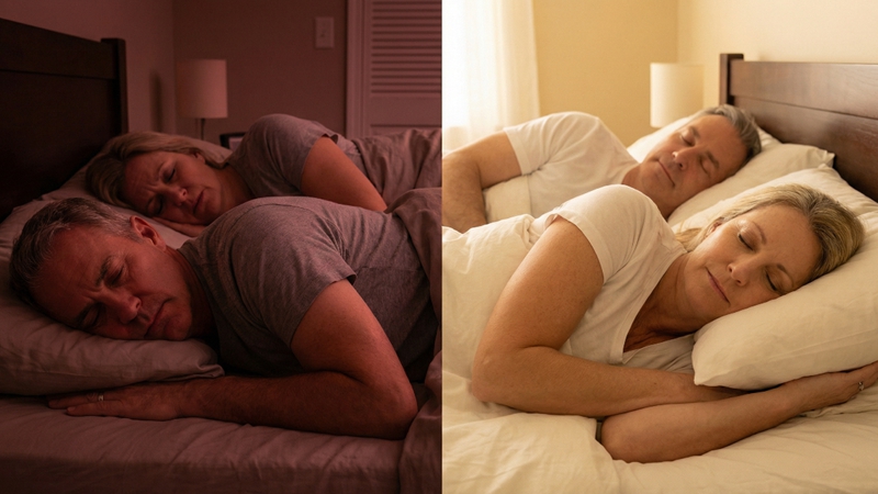 엎드려 자는 50대 남녀의 불편한 수면 자세와 편안하게 바른 자세로 숙면을 취하는 모습이 대비됩니다. 수면 자세의 중요성.
