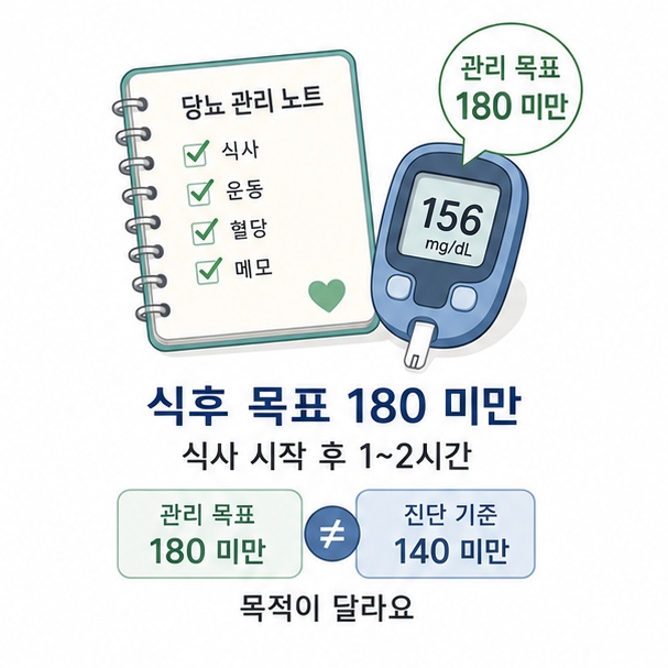 당뇨병 성인이 식사 시작 후 1~2시간에 혈당을 측정하고 180 미만의 관리 목표를 확인하는 그림