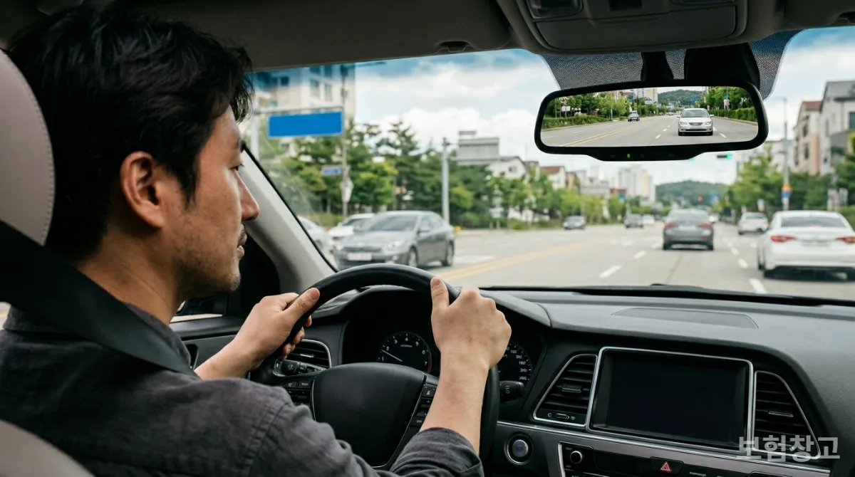 안전 운전하는 한국인 운전자의 손과 자동차 핸들