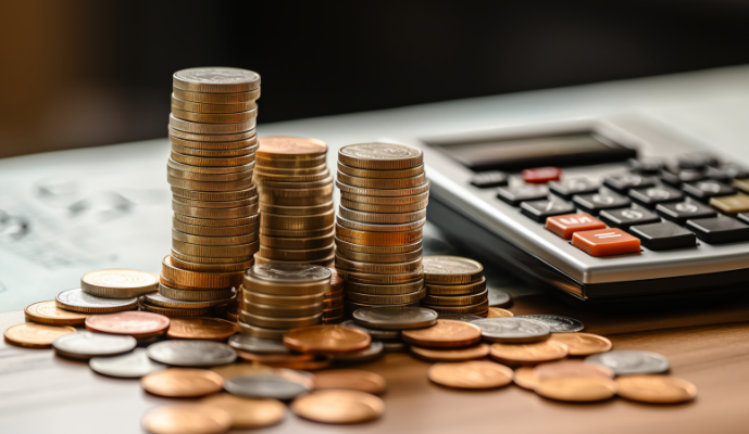 동전히 쌓여있고 오른쪾에 계산기가 있다.