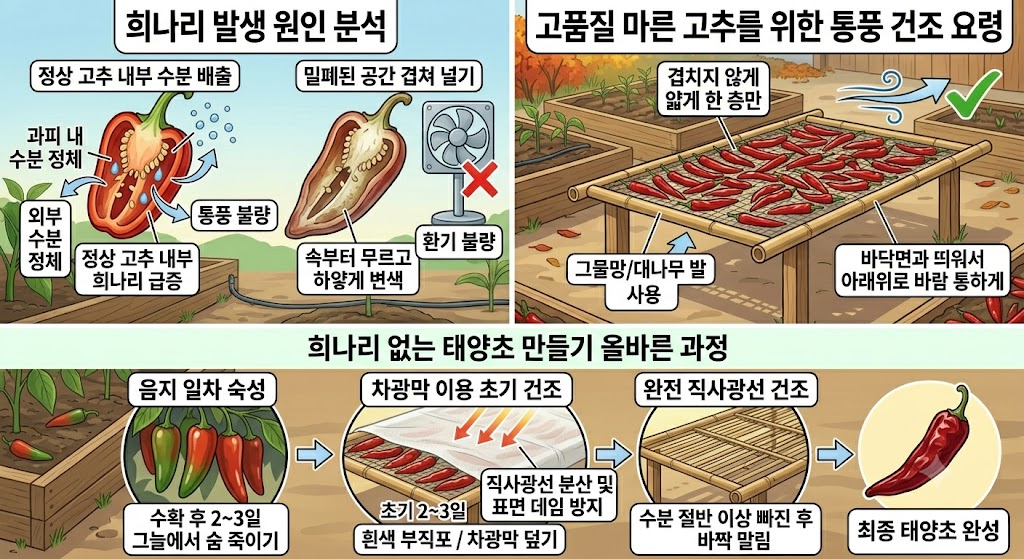 대나무 발 위에 고추가 겹치지 않게 한 층으로 얇게 널려 있고 바닥면과 띄워져 있어 아래위로 바람이 통하는 태양초 건조 현장 삽화