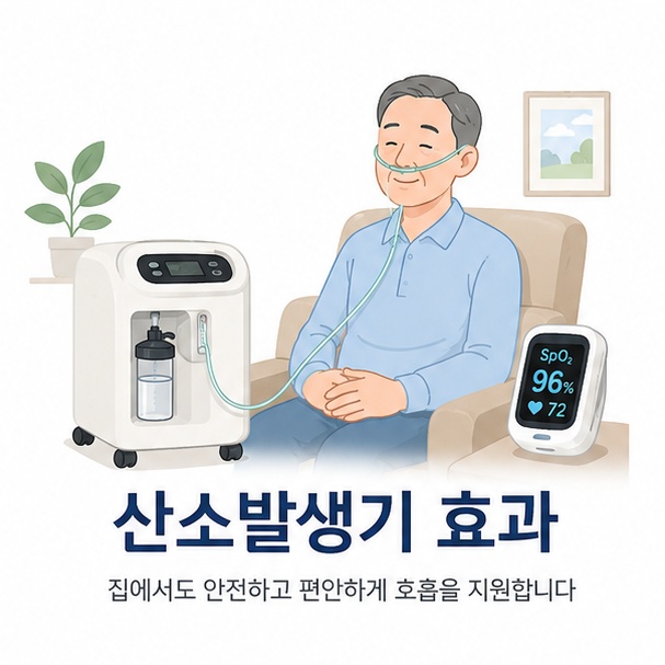 가정용 산소농축기와 산소포화도 측정기를 이용해 저산소혈증에 산소를 공급하는 산소발생기의 역할을 표현한 이미지