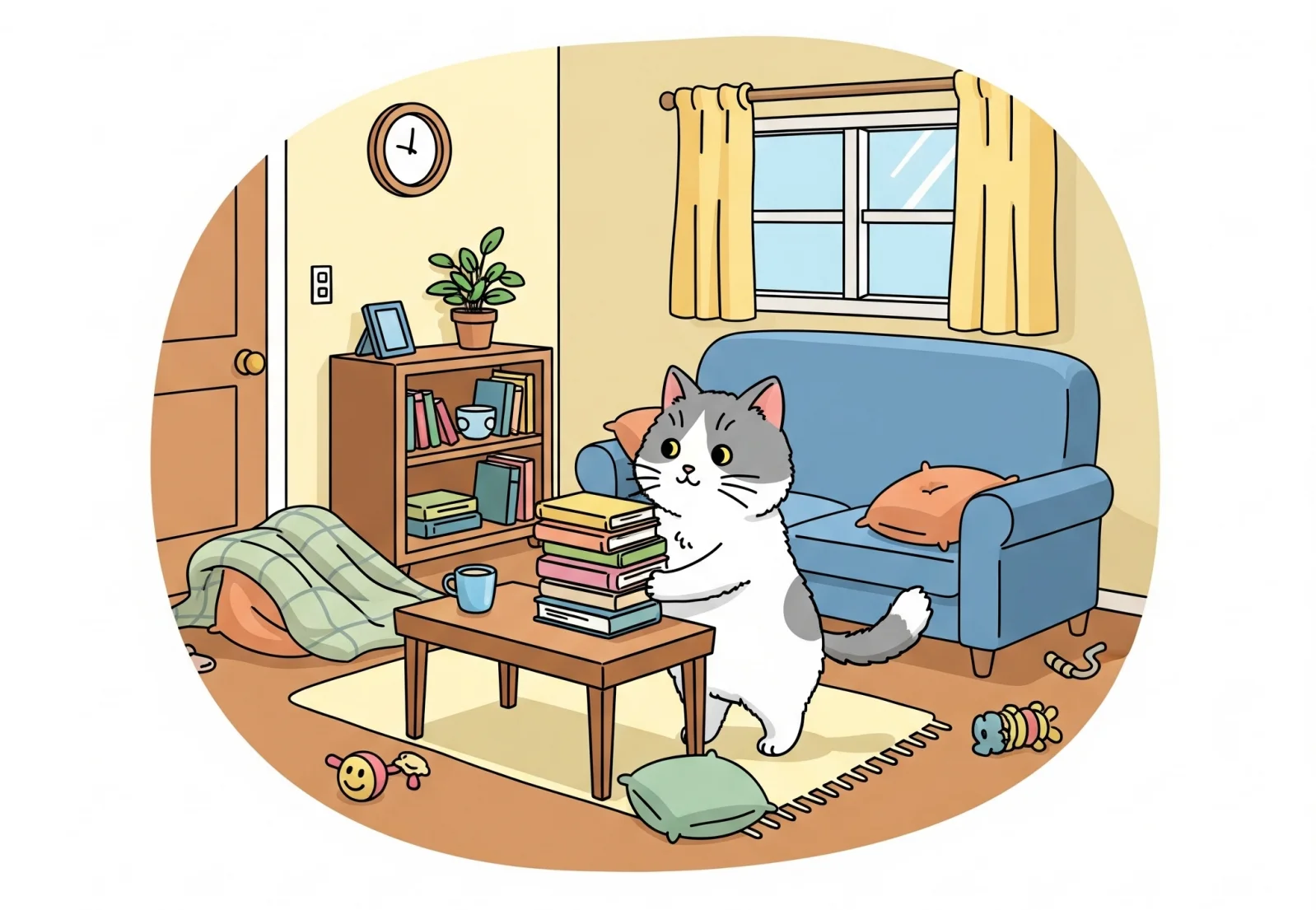 집안을 정리하는 고양이 그림, Picture of a cat cleaning the house