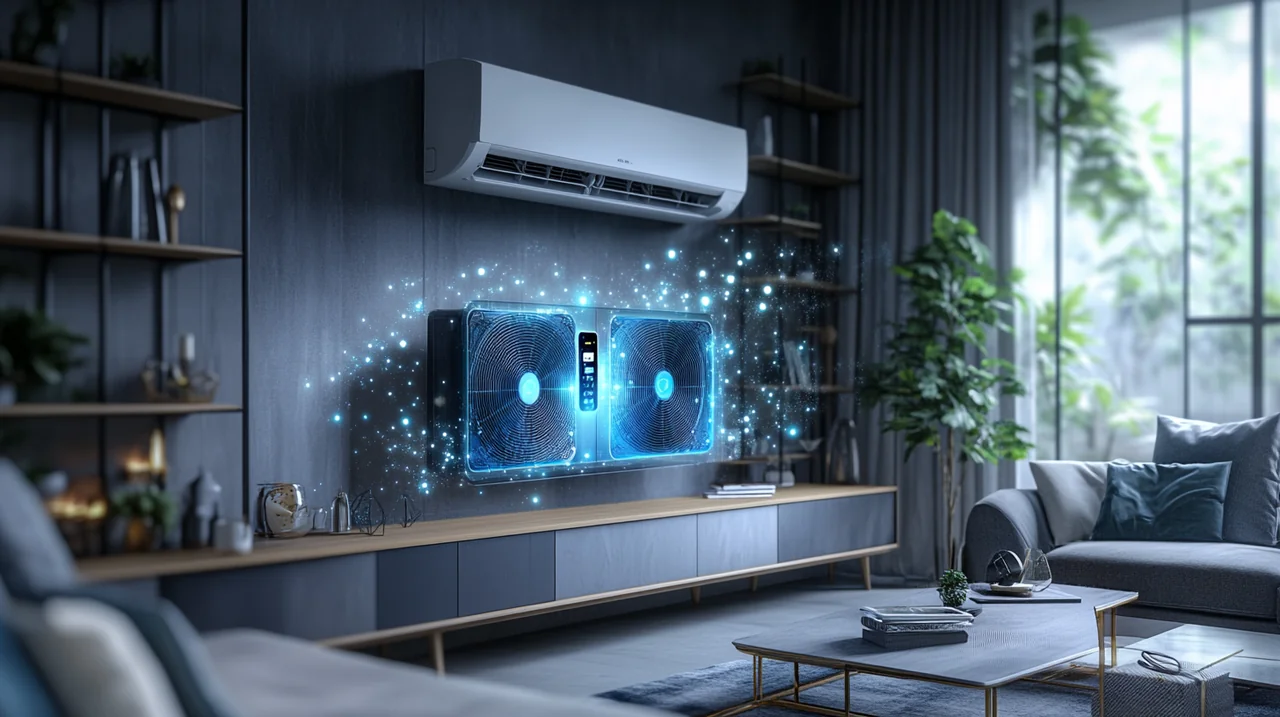 스마트폰과 연결된 에어컨의 AI 절전 모드를 설명하는 이미지로, 스마트한 집안 환경 속에서 최적의 에너지 효율을 자랑합니다.