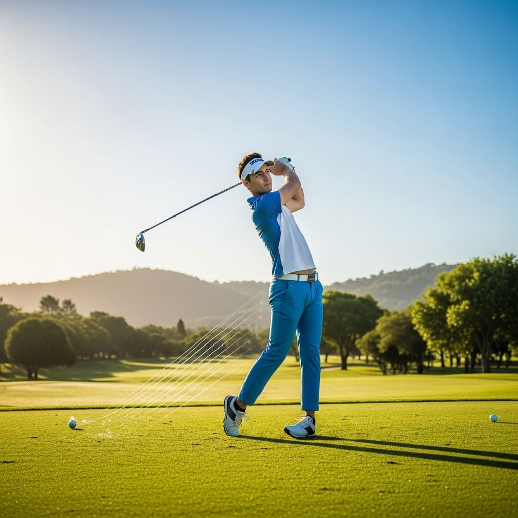 밝은 햇살 아래 푸른 골프장에서 골프 스윙 연습에 집중하는 초보 골퍼의 역동적인 모습