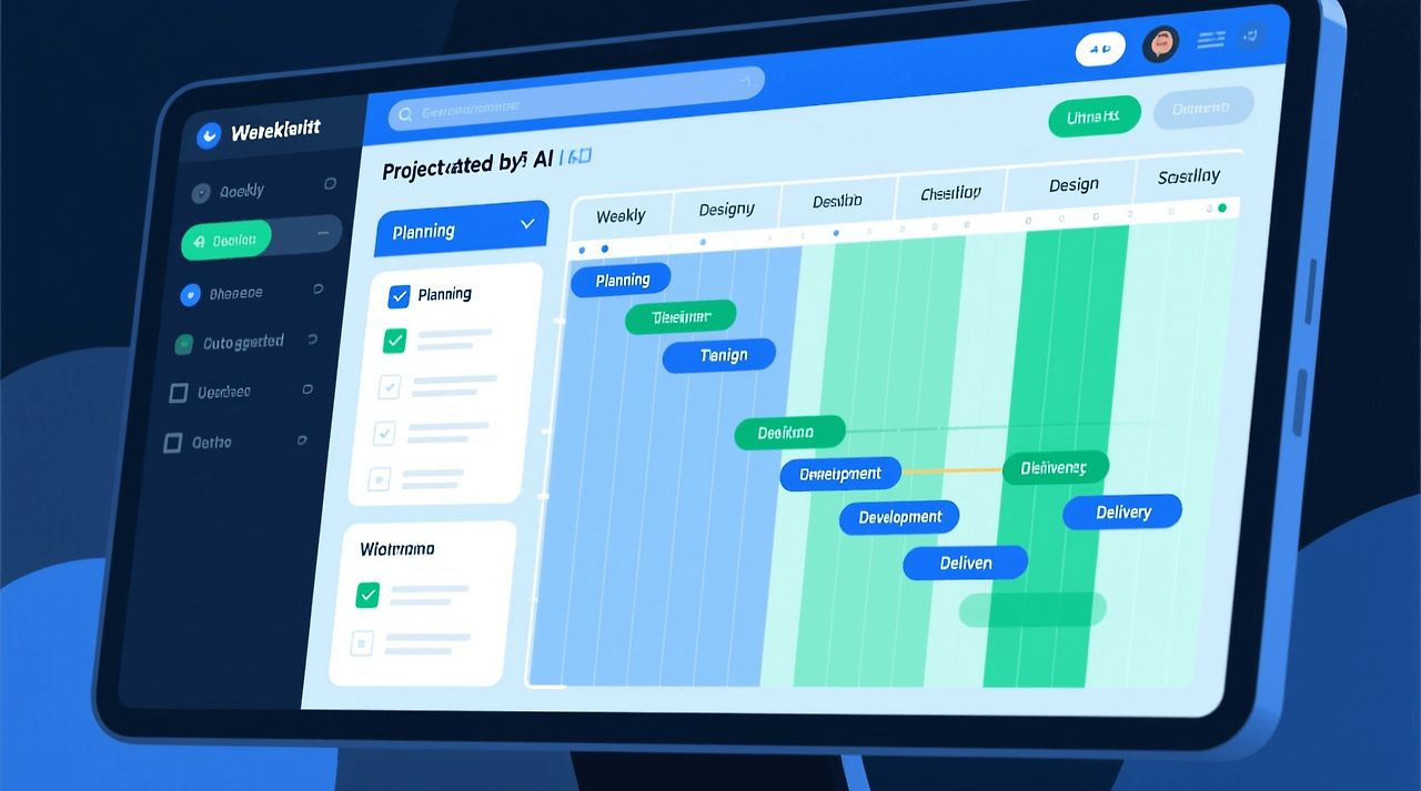 AI가 프로젝트 단계별 주차 일정표와 체크리스트를 자동 생성하는 화면 일러스트