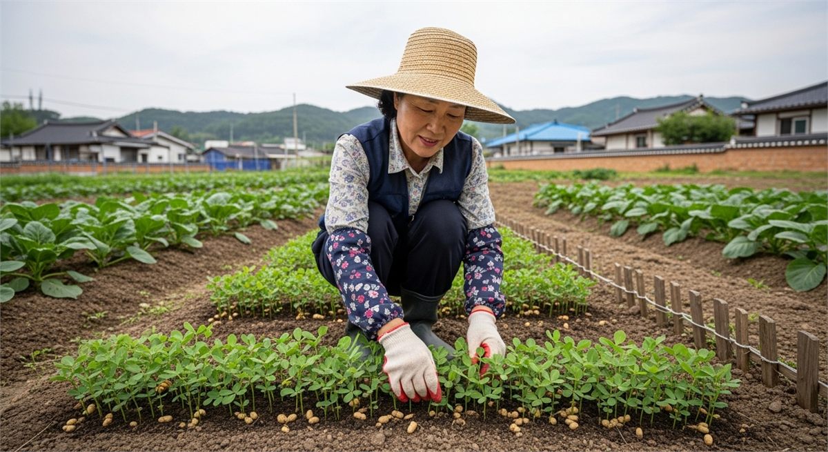 어린 땅콩 싹의 간격과 상태를 살피는 한국인 여성의 모습 