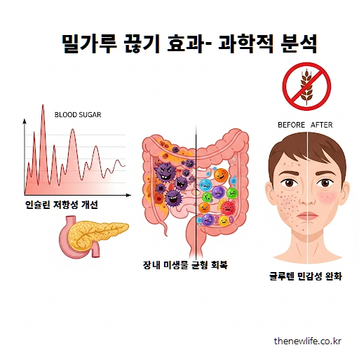 밀가루 끊기의 과학적 효과 – 인슐린 안정화, 장내 미생물 회복, 글루텐 민감성 완화 시각 자료