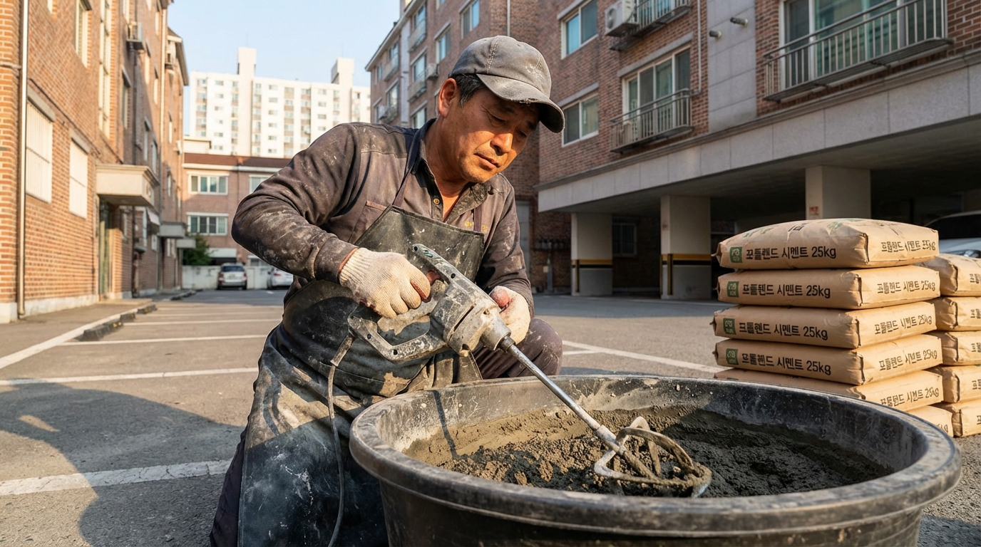아파트 주차장에서 숙련된 작업자가 전동 믹서를 사용해 보수용 사모래를 배합하는 모습