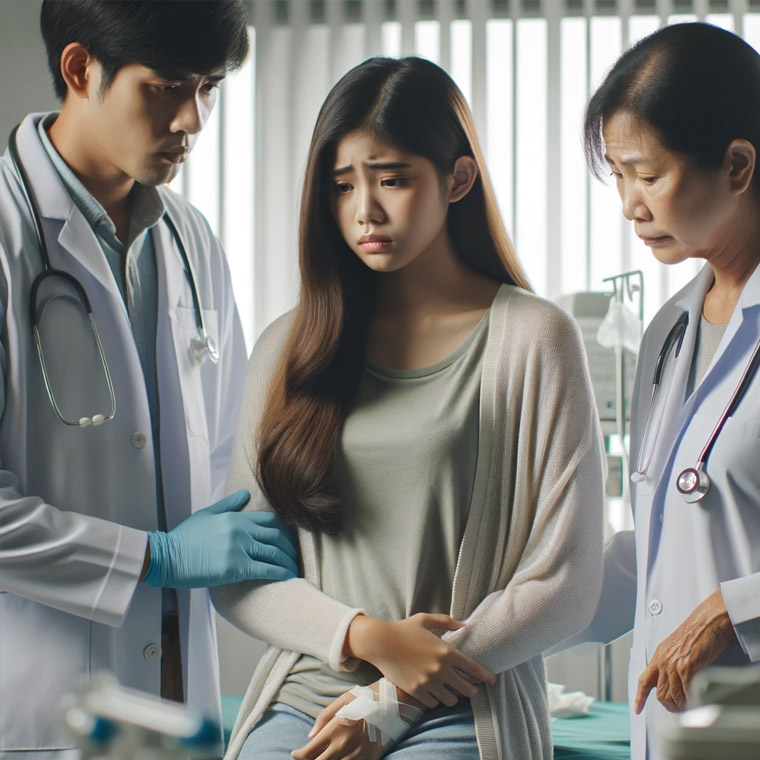 병원에서 진찰을 받고있는 여성 환자와 진찰하는 의사, 간호사