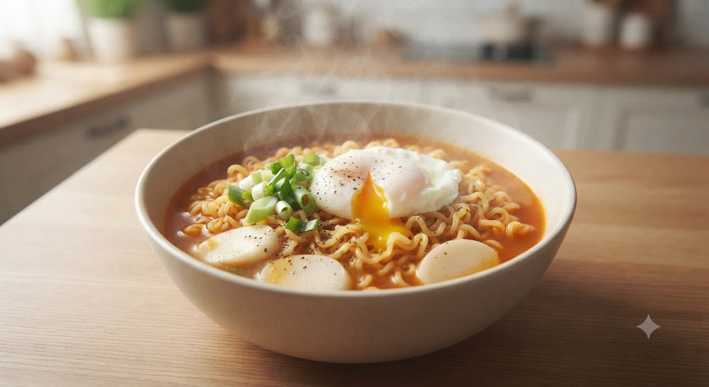 Demonstrates the quintessential egg and rice cake ramyeon recipe. Chewy sliced rice cakes and a tenderly cooked egg harmonize with the savory ramyeon broth, offering a hearty and comforting feel. The captured image highlights a soft-boiled egg with an intact yolk as suggested in the tips, stimulating the appetite.