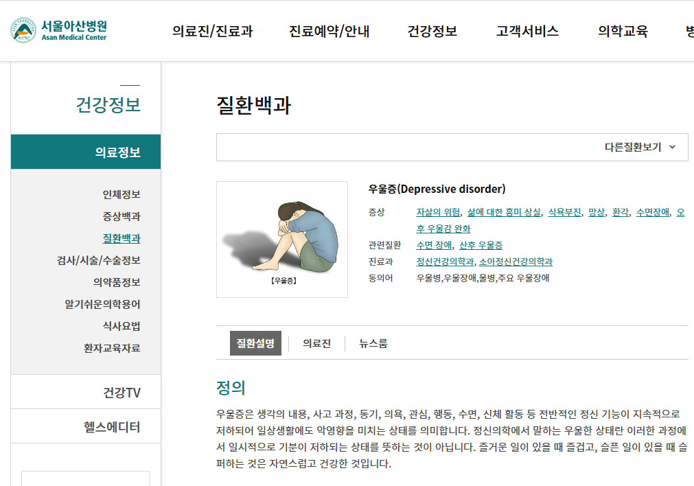 서울아산병원 우울증 질환 백과