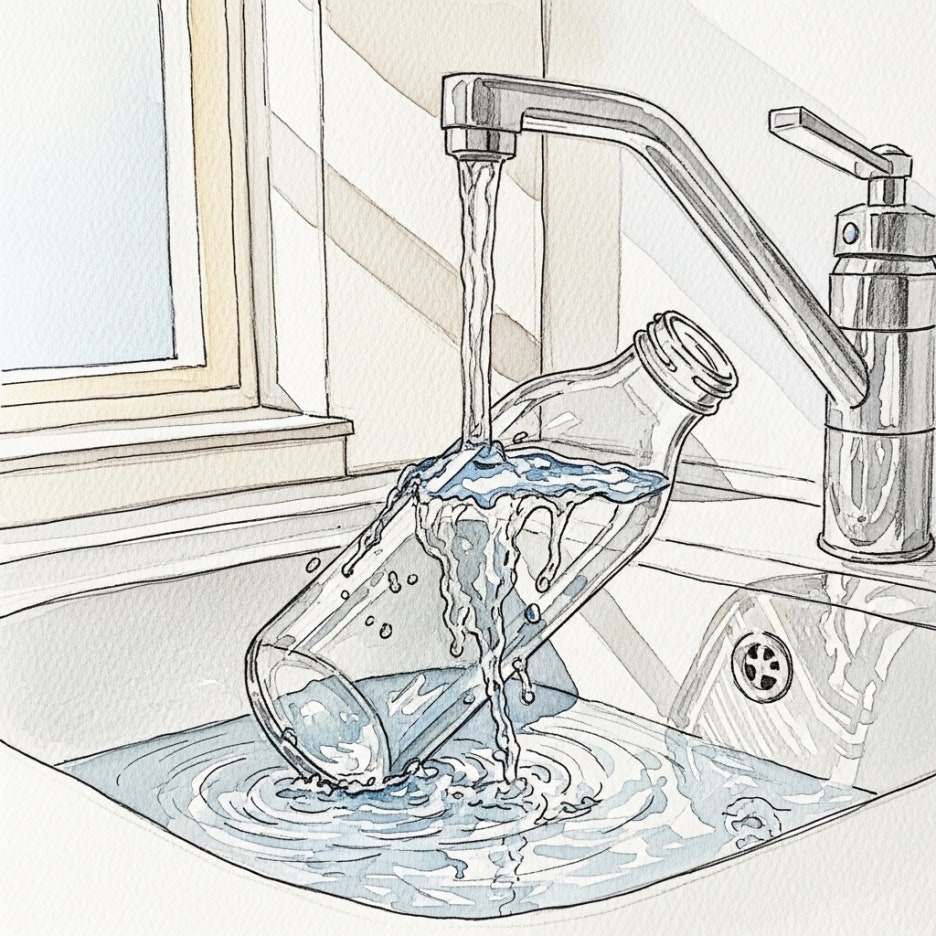 깨끗하게 세척되어 재사용을 기다리는 투명한 보틀