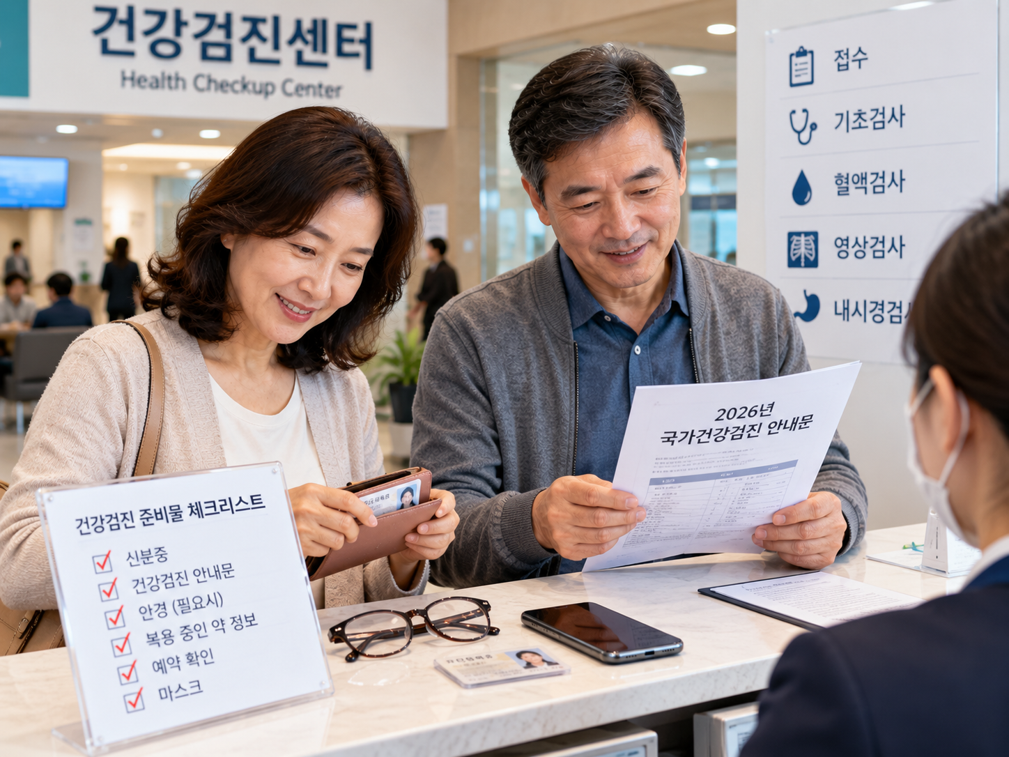 건강검진센터 접수 전 준비물을 확인하는 중장년 부부