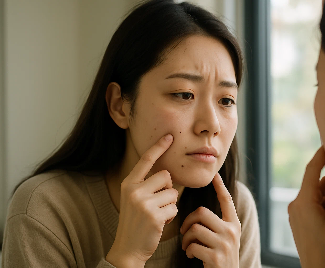 거울 앞에서 얼굴의 점을 바라보는 젊은 여성
