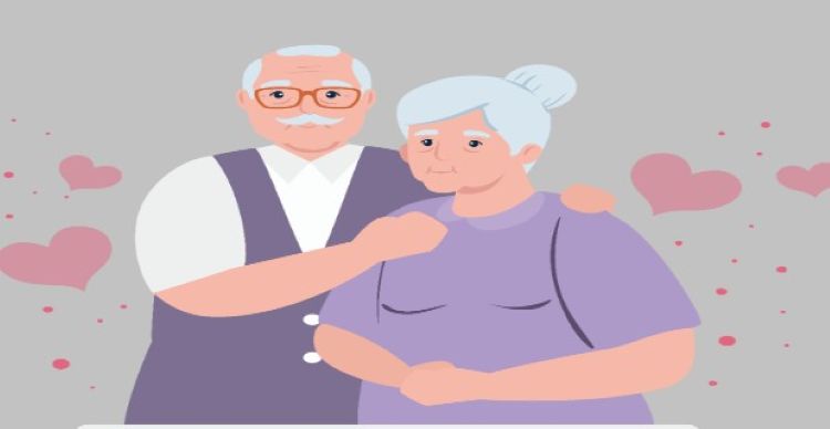 서로 다정하게 손을 올리고 미소짓는 노부부 캐릭터 일러스트