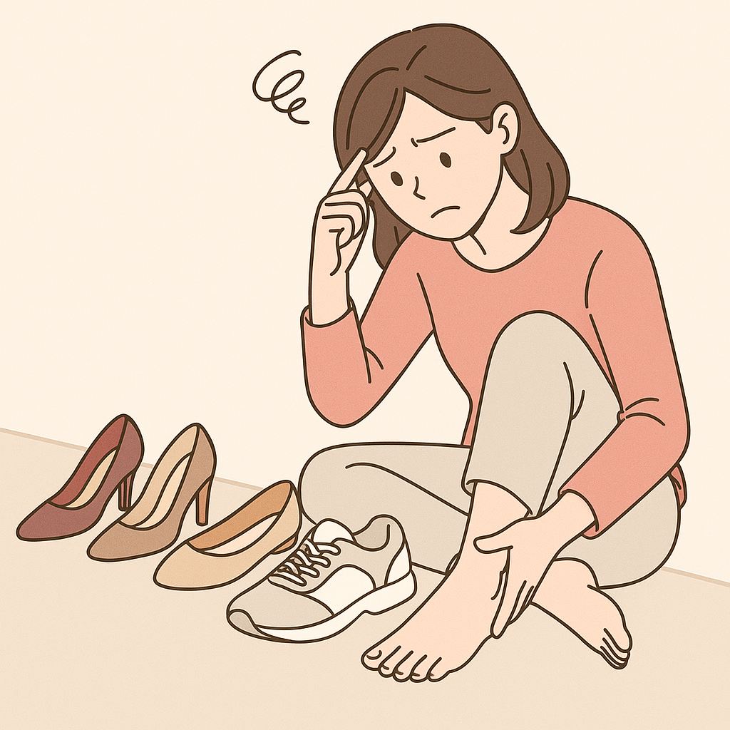 다양한 여성 신발과 발바닥 통증으로 고민하는 여성