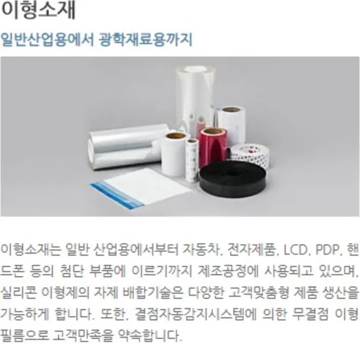 검은글씨 이형소재 아래 파란글씨 일반산업용에서 광학재료용까지 아래 회색바탕 필름사진 아래 설명
