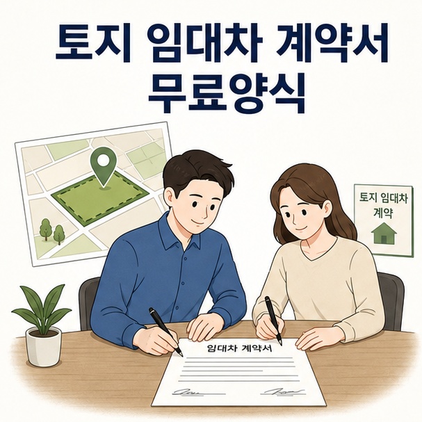 토지와 계약서에 서명하는 임대인과 임차인으로 표현한 토지 임대차 계약서 무료양식 안내 이미지