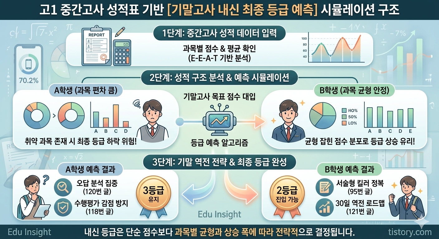 고1 중간고사 성적표 기반 기말고사 내신 최종 등급 예측 시뮬레이션 구조 설명 인포그래픽