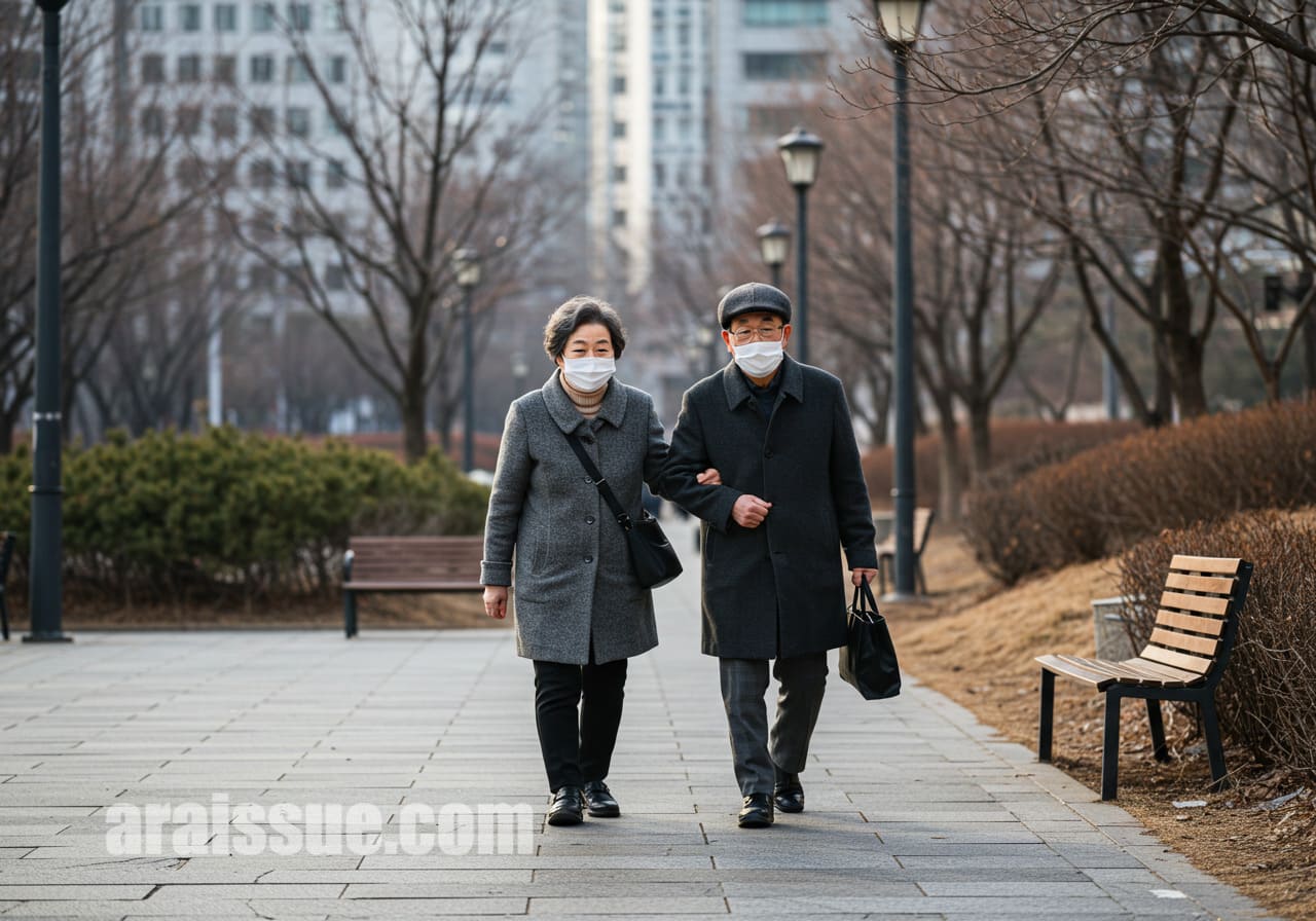마스크를 착용한 고령 부부가 조심스럽게 걷는 모습