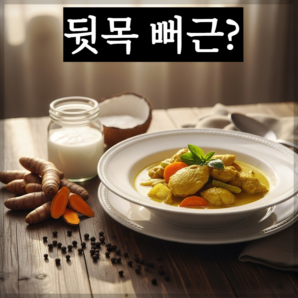 따스한 아침 햇살이 비치는 주방 테이블 위에 정갈하게 담긴 황금빛 카레와 신선한 강황 뿌리, 코코넛 밀크가 놓여 있는 치유 분위기의 실사 이미지