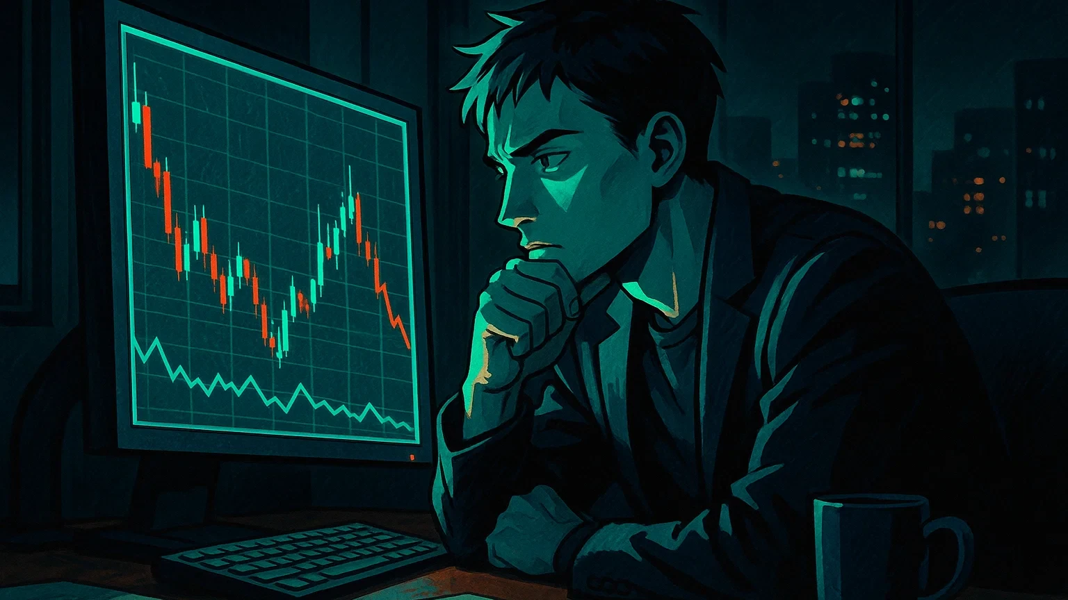 투자자가 컴퓨터 앞에서 고민하는 모습과 함께 주가 차트가 표시된 장면