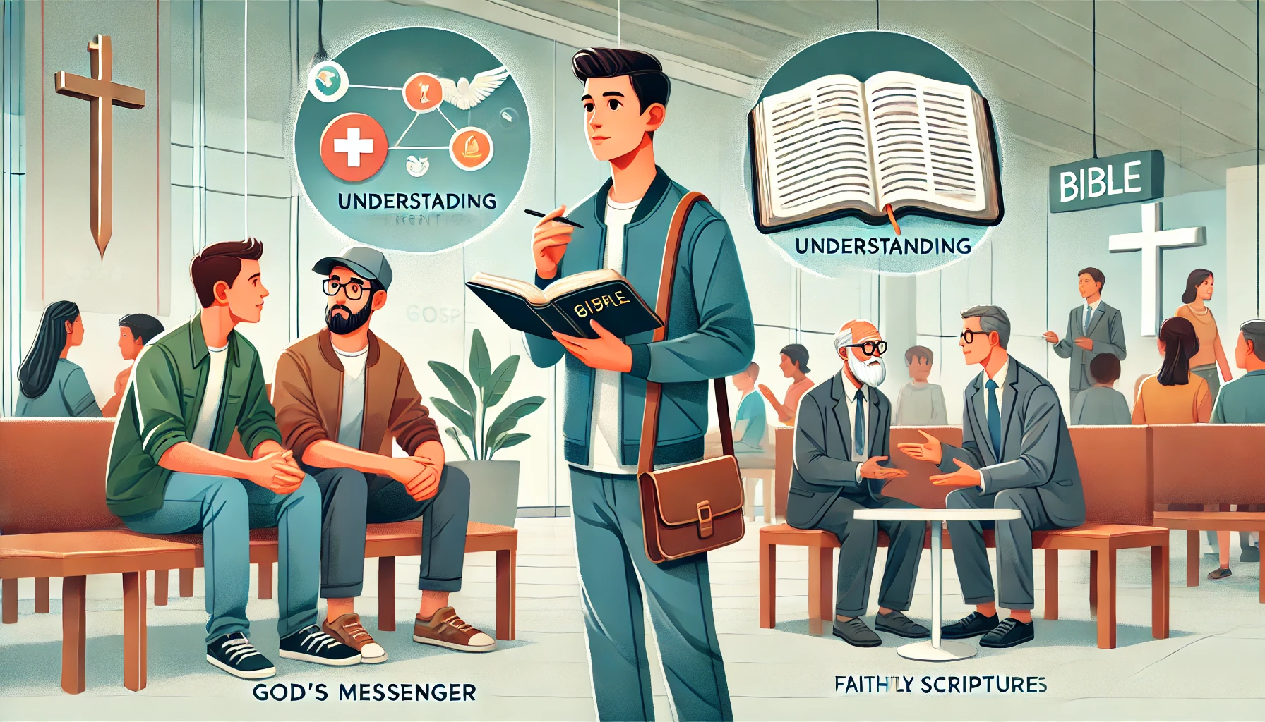 Here is the illustration showing a modern person acting as God's messenger, understanding His intentions, and faithfully conveying the gospel and His word to others. The scenes depict the person speaking and interacting with at least two individuals, sharing the truth of the gospel and scriptures. The environments include a public space for meaningful conversation and another setting where the person reads from the Bible and explains its message, reflecting dedication, clarity, and commitment to spreading God's word.