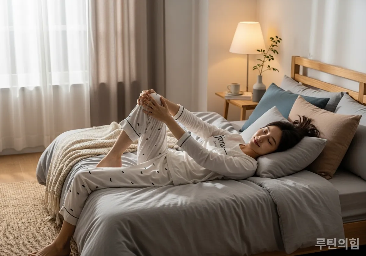 침대 위에서 편안하게 무릎 당기기 스트레칭을 하는 한국 여성