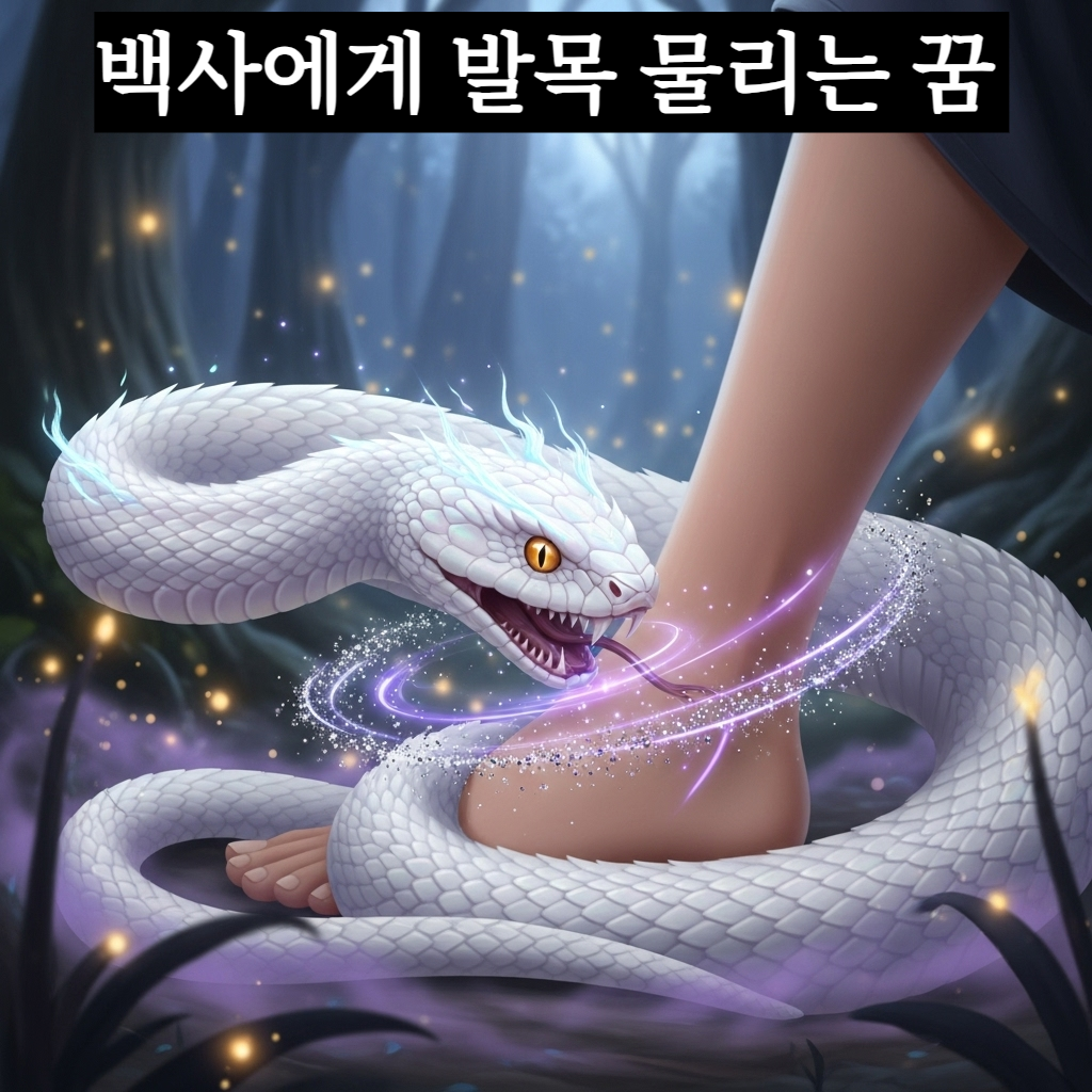 몽환적인 보랏빛 안개 속에서 눈부신 백사가 사람의 발목을 물어 영적인 기운을 전하는 신비로운 일러스트