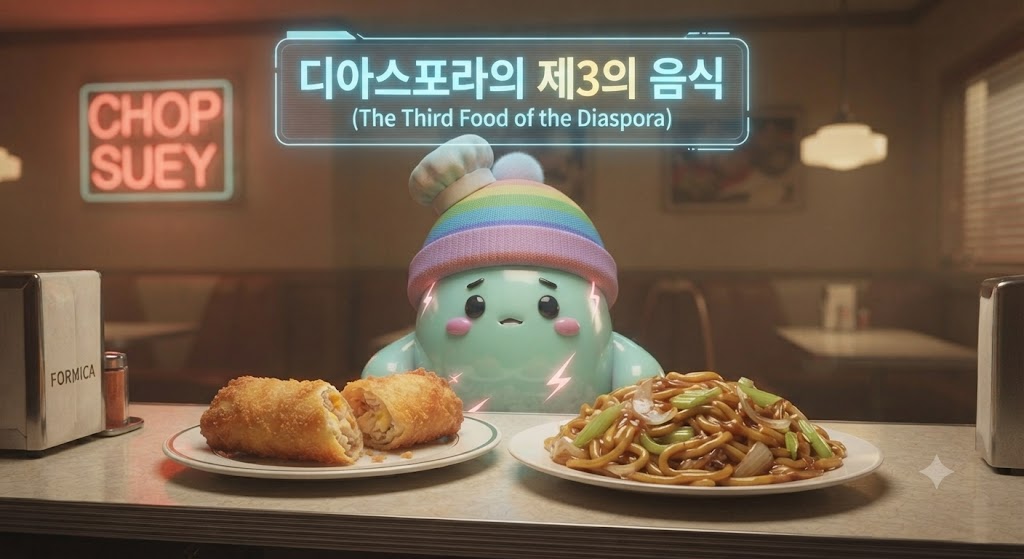 쫀쿠 캐릭터가 20세기 중반의 미국식 중국 식당 주방 카운터에 서 있습니다. 쫀쿠는 요리사 모자를 쓰고 있으며, 그의 앞에는 두 가지 미국식 중식 메뉴가 놓여 있습니다. 왼쪽에는 크고 바삭하게 튀겨낸 '에그 롤'이, 오른쪽에는 걸쭉한 소스가 특징인 미국식 '차우멘'이 담긴 접시가 있습니다. 쫀쿠가 두 음식을 가리키며 "이건 중국도 미국도 아니야, 디아스포라의 맛이지!"라고 적힌 홀로그램 말풍선을 띄우고 있습니다. 배경으로는 찹수이 네온사인이 빛나고 있습니다.