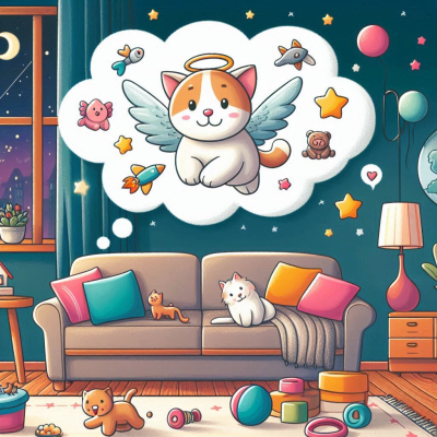 고양이가 구름 위에서 별과 무지개를 보고 있다.