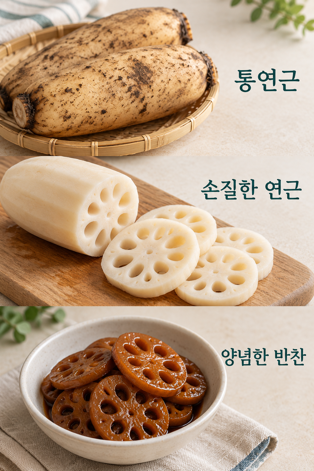 통연근과 손질한 연근, 양념한 연근조림을 구분한 모습