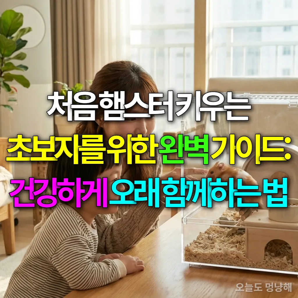 햄스터 케이지를 바라보며 미소 짓는 한국인 엄마와 아이