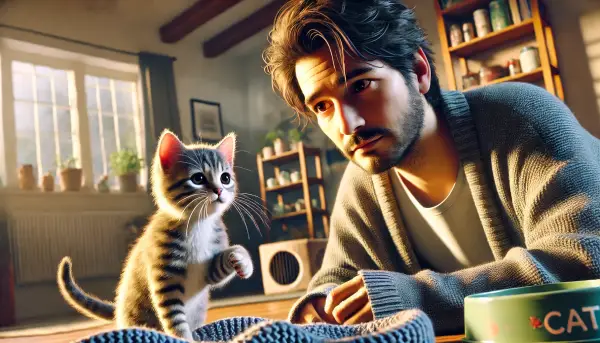 새끼 고양이를 입양한 후 어쩔 줄 몰라 하는 초보 집사와 호기심 가득한 고양이의 모습