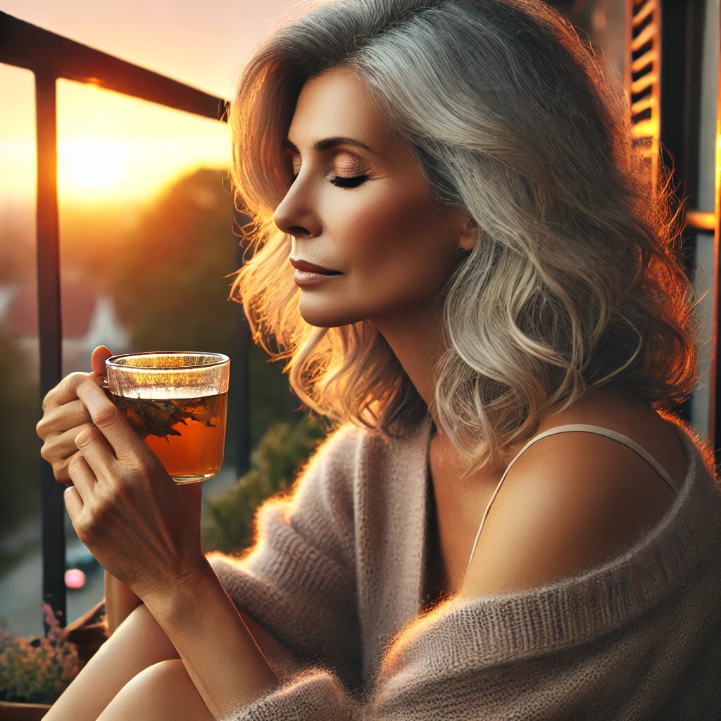 여유롭게 차를 음미하는 갱년기 여성