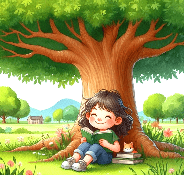 초록색 잎이 무성한 나무 아래 여자아이가 앉아서 초록색 책을 들고 행복하게 읽고 있다.