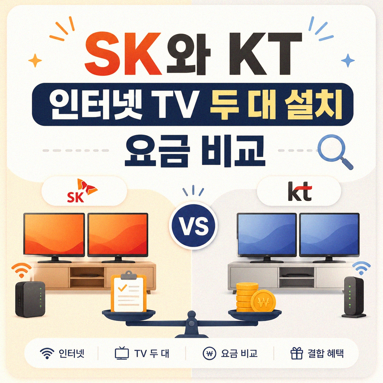 SK 브로드밴드 인터넷 TV와 KT 인터넷 TV, 두 대 설치 시 요금 비교
